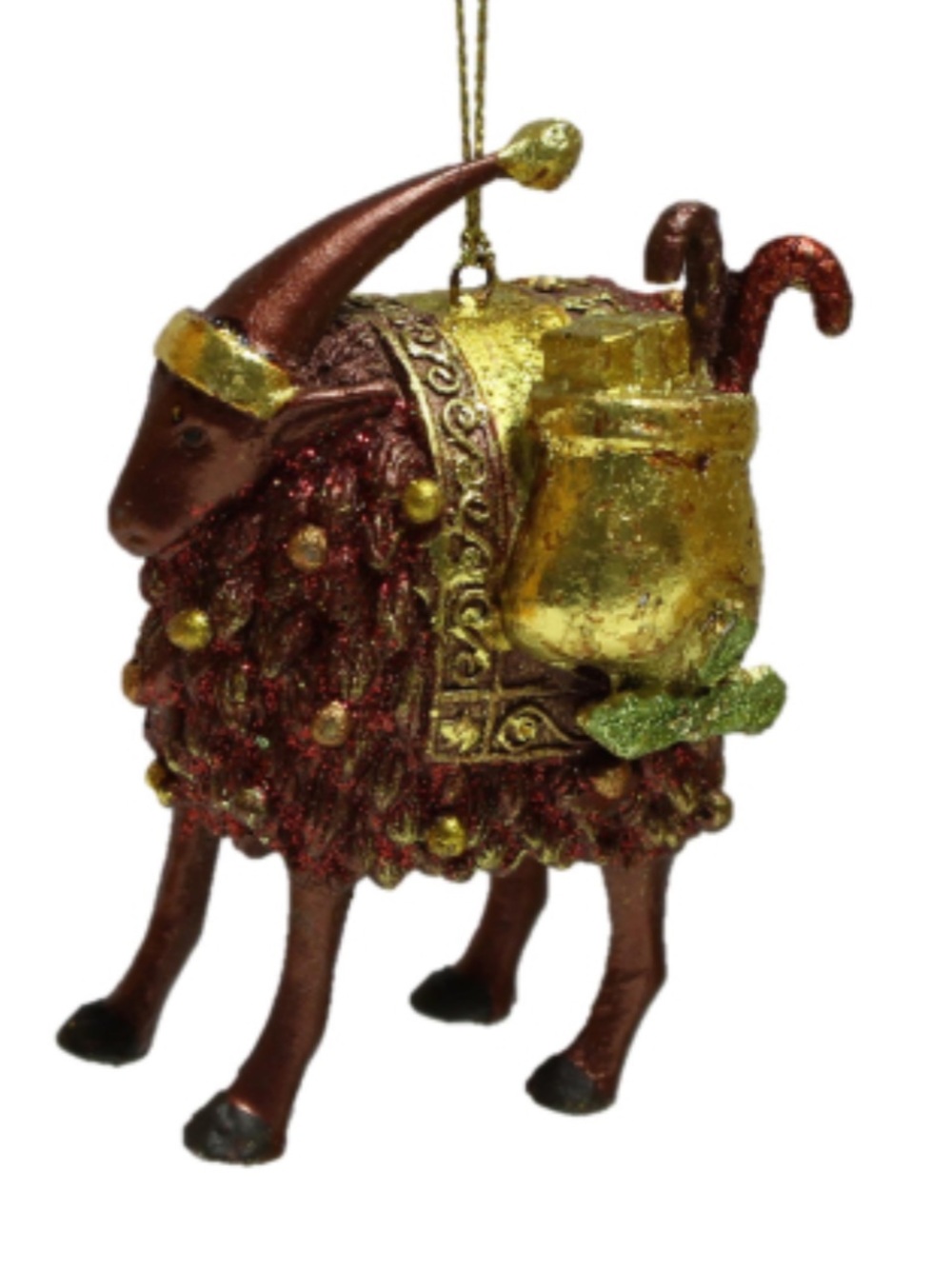 Papyrus a festive purple and gold sheep holiday ornament with a sack